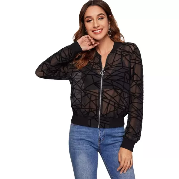 SweatyRocks Women's Summer Zip Up Light Weight Long Sleeve Mesh Bomber Jacket