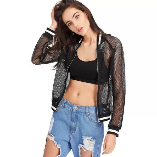 SweatyRocks Women's Summer Zip Up Light Weight Long Sleeve Mesh Bomber Jacket