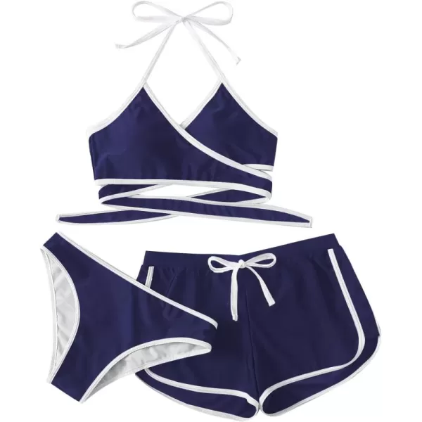 SweatyRocks Women's Three Piece Swimsuit Leaf Print Wrap Halter Top with Shorts Bikini Set