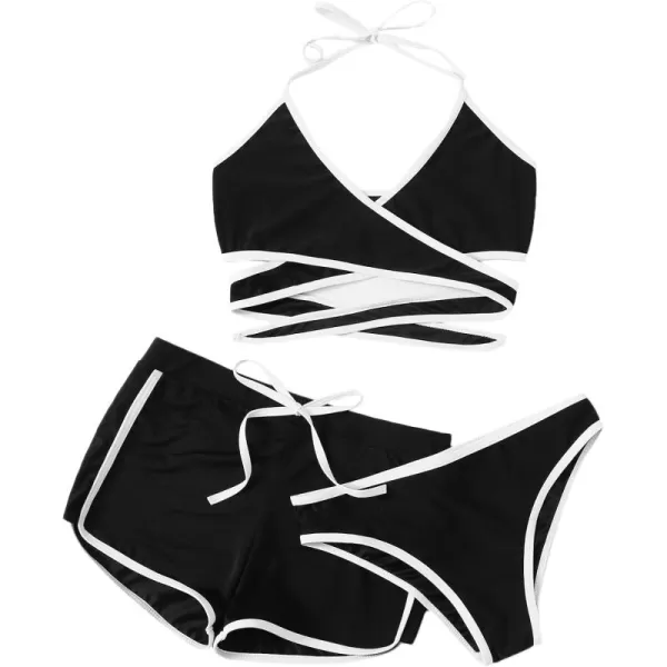 SweatyRocks Women's Three Piece Swimsuit Leaf Print Wrap Halter Top with Shorts Bikini Set