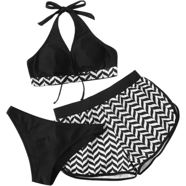 SweatyRocks Women's Three Piece Swimsuit Leaf Print Wrap Halter Top with Shorts Bikini Set