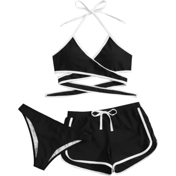 SweatyRocks Women's Three Piece Swimsuit Leaf Print Wrap Halter Top with Shorts Bikini Set