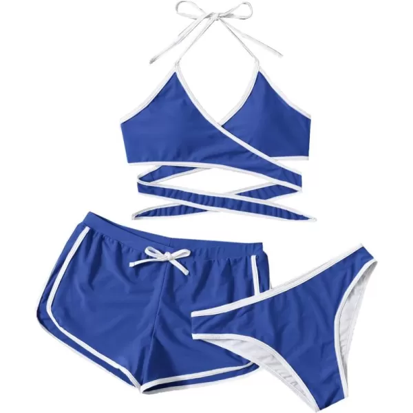 SweatyRocks Women's Three Piece Swimsuit Leaf Print Wrap Halter Top with Shorts Bikini Set