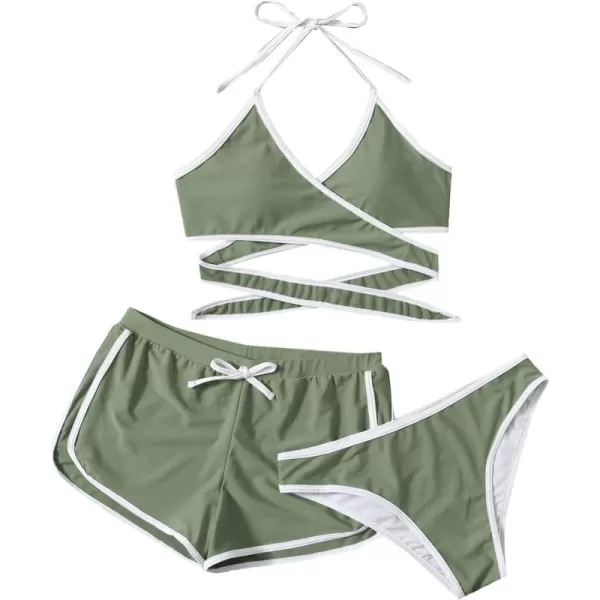 SweatyRocks Women's Three Piece Swimsuit Leaf Print Wrap Halter Top with Shorts Bikini Set