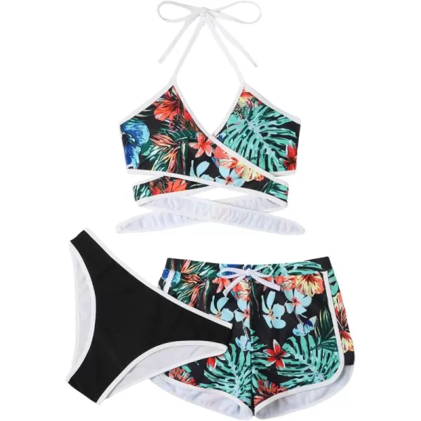 SweatyRocks Women's Three Piece Swimsuit Leaf Print Wrap Halter Top with Shorts Bikini Set