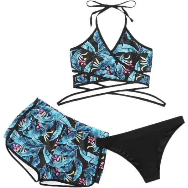 SweatyRocks Women's Three Piece Swimsuit Leaf Print Wrap Halter Top with Shorts Bikini Set