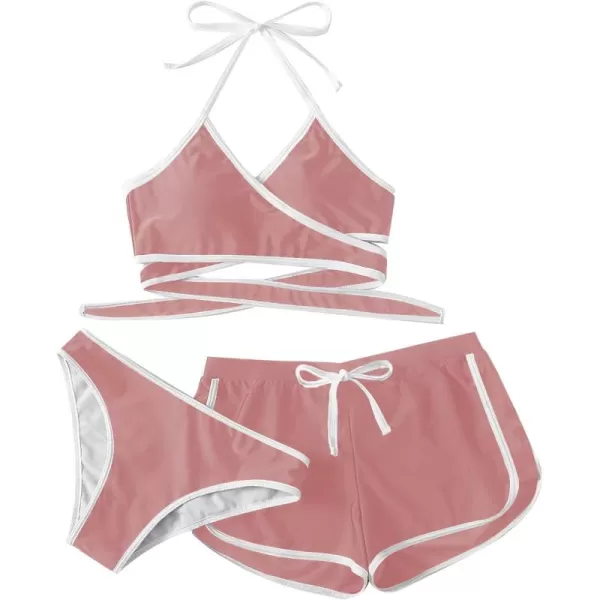 SweatyRocks Women's Three Piece Swimsuit Leaf Print Wrap Halter Top with Shorts Bikini Set