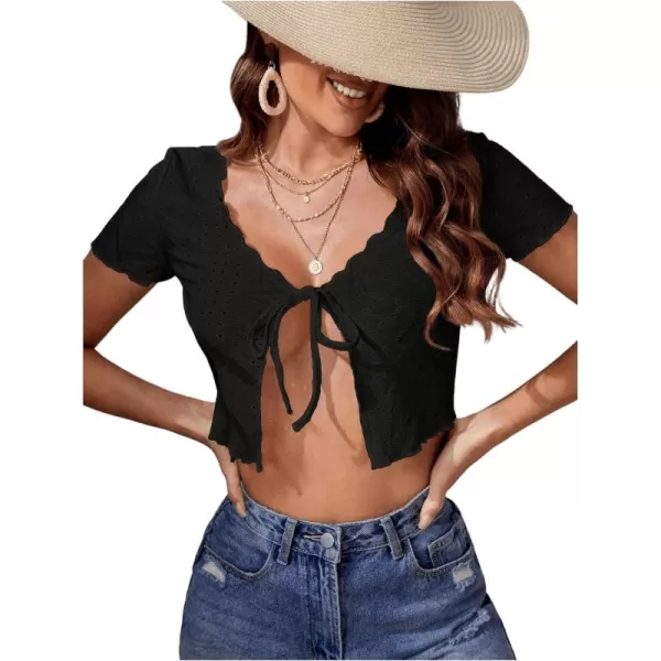 SweatyRocks Women's Tie Front Short Sleeve V Neck T Shirts Lettuce Trim Cropped Tops