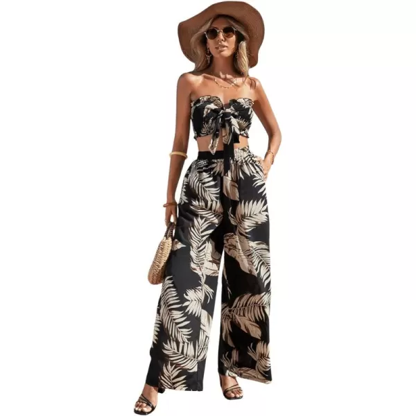 SweatyRocks Women's Tropical Print 2 Piece Outfits Tie Front Ruffle Tube Crop Top and Wide Leg Pants