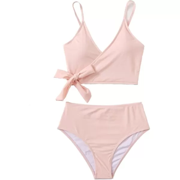 SweatyRocks Women's Two Pieces Swimsuit Solid Color Tie Side Top High Waisted Bikini Set