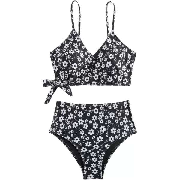 SweatyRocks Women's Two Pieces Swimsuit Solid Color Tie Side Top High Waisted Bikini Set
