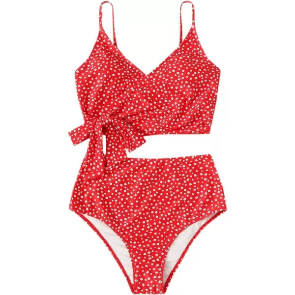 SweatyRocks Women's Two Pieces Swimsuit Solid Color Tie Side Top High Waisted Bikini Set