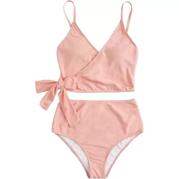 SweatyRocks Women's Two Pieces Swimsuit Solid Color Tie Side Top High Waisted Bikini Set