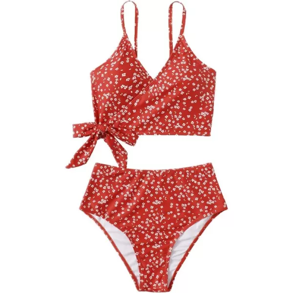 SweatyRocks Women's Two Pieces Swimsuit Solid Color Tie Side Top High Waisted Bikini Set
