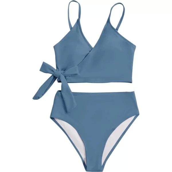 SweatyRocks Women's Two Pieces Swimsuit Solid Color Tie Side Top High Waisted Bikini Set