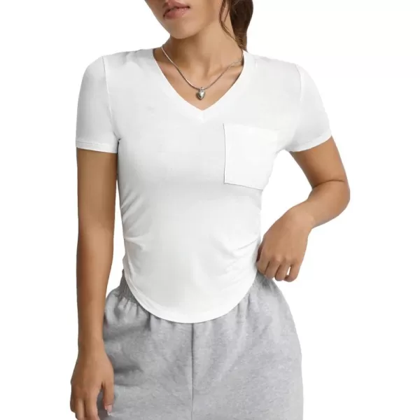 SweatyRocks Women's V Neck Crop Tops Casual Short Sleeve Shirts Fitted Pocket Curved Hem Tees