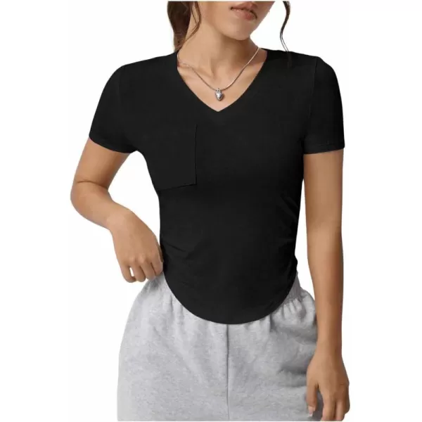 SweatyRocks Women's V Neck Crop Tops Casual Short Sleeve Shirts Fitted Pocket Curved Hem Tees