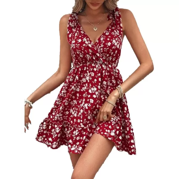 SweatyRocks Women's Wrap V Neck Floral Print Tie Shoulder Boho Ruffle Flowy A Line Dresses