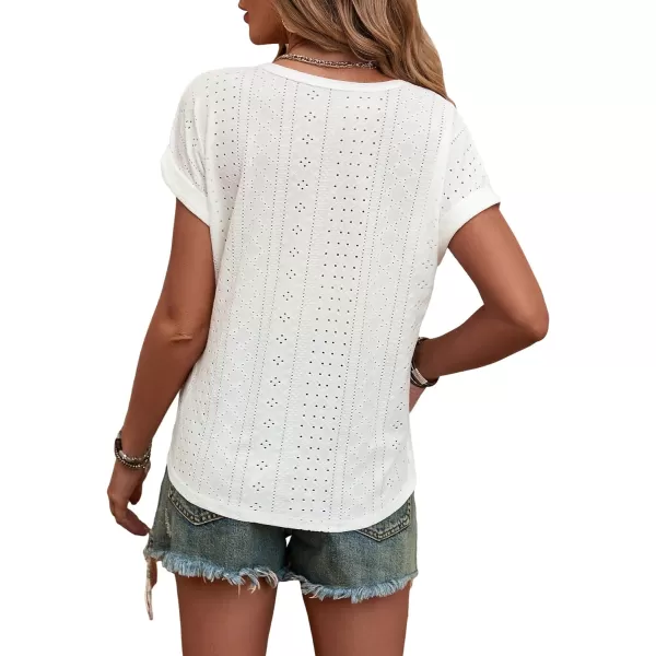 SweatyRocks Women's Button Front V Neck Rolled Sleeve Eyelet Embroidery Tee Shirt Tops