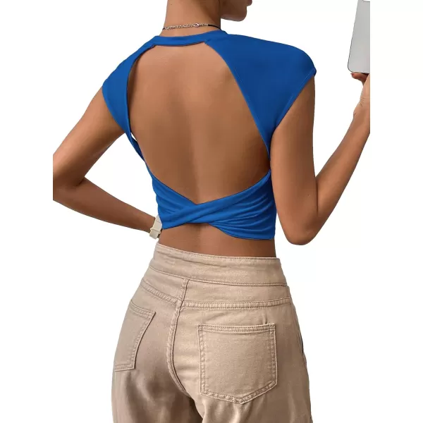 SweatyRocks Women's Cap Sleeve Crewneck Twist Backless Slim Fit Solid Crop Tee Top