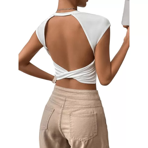 SweatyRocks Women's Cap Sleeve Crewneck Twist Backless Slim Fit Solid Crop Tee Top