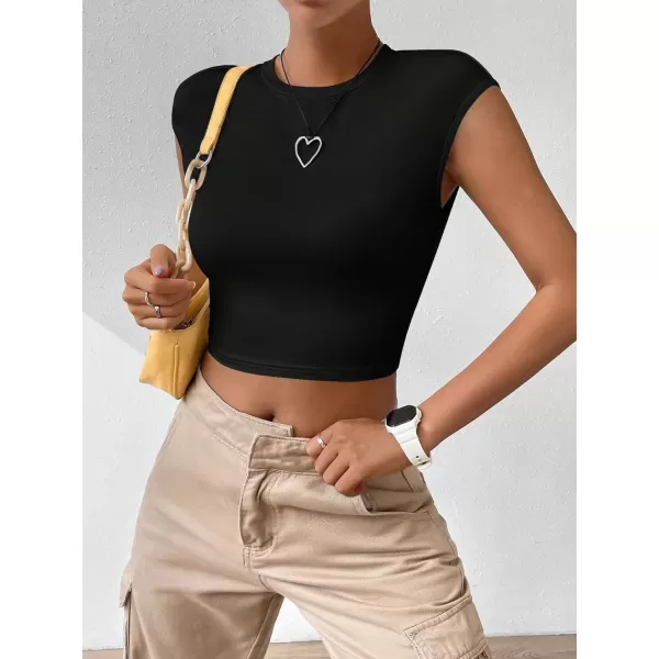 SweatyRocks Women's Cap Sleeve Crewneck Twist Backless Slim Fit Solid Crop Tee Top