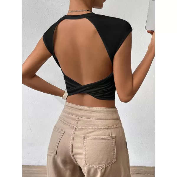 SweatyRocks Women's Cap Sleeve Crewneck Twist Backless Slim Fit Solid Crop Tee Top