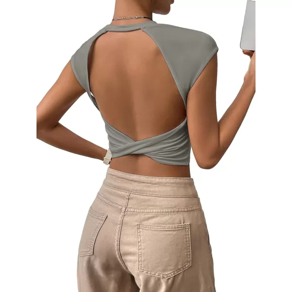 SweatyRocks Women's Cap Sleeve Crewneck Twist Backless Slim Fit Solid Crop Tee Top