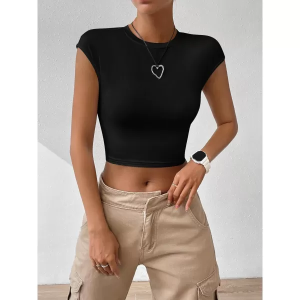 SweatyRocks Women's Cap Sleeve Crewneck Twist Backless Slim Fit Solid Crop Tee Top