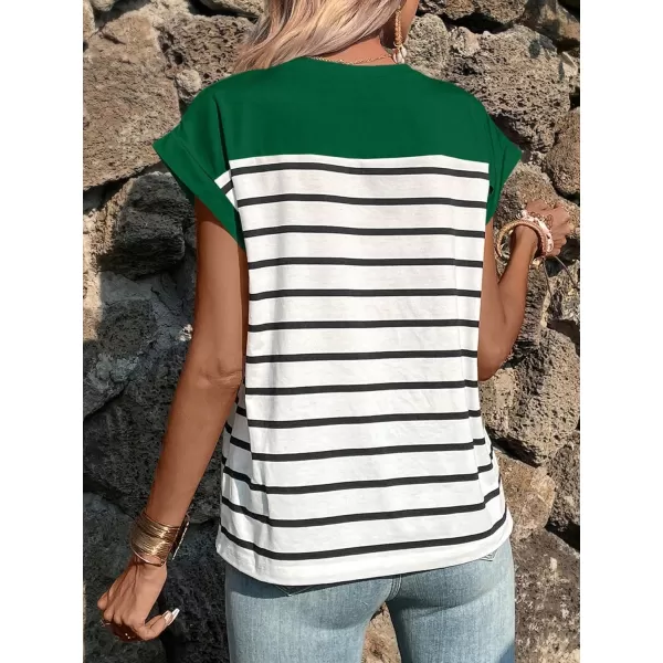SweatyRocks Women's Casual Cap Sleeve Crewneck Tee Summer Stripe Print Pullover T Shirt