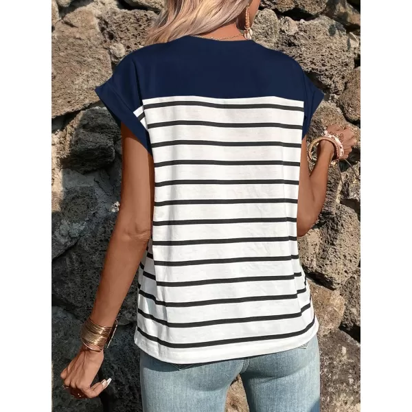SweatyRocks Women's Casual Cap Sleeve Crewneck Tee Summer Stripe Print Pullover T Shirt