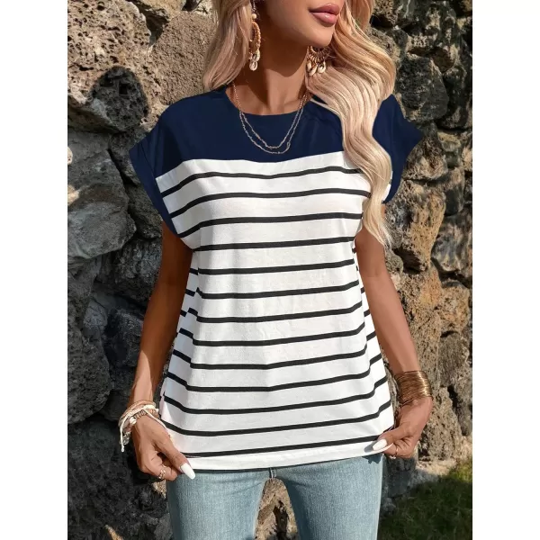 SweatyRocks Women's Casual Cap Sleeve Crewneck Tee Summer Stripe Print Pullover T Shirt