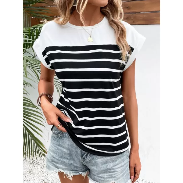 SweatyRocks Women's Casual Cap Sleeve Crewneck Tee Summer Stripe Print Pullover T Shirt