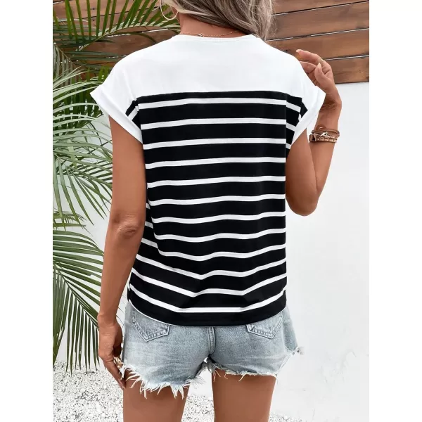 SweatyRocks Women's Casual Cap Sleeve Crewneck Tee Summer Stripe Print Pullover T Shirt