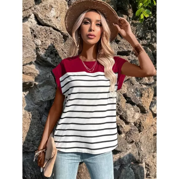 SweatyRocks Women's Casual Cap Sleeve Crewneck Tee Summer Stripe Print Pullover T Shirt