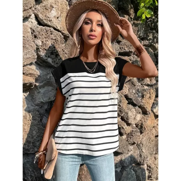 SweatyRocks Women's Casual Cap Sleeve Crewneck Tee Summer Stripe Print Pullover T Shirt