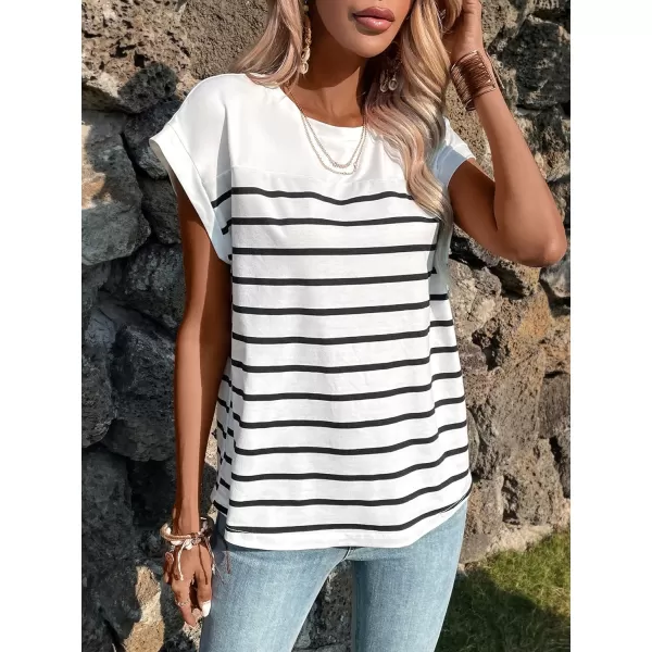 SweatyRocks Women's Casual Cap Sleeve Crewneck Tee Summer Stripe Print Pullover T Shirt