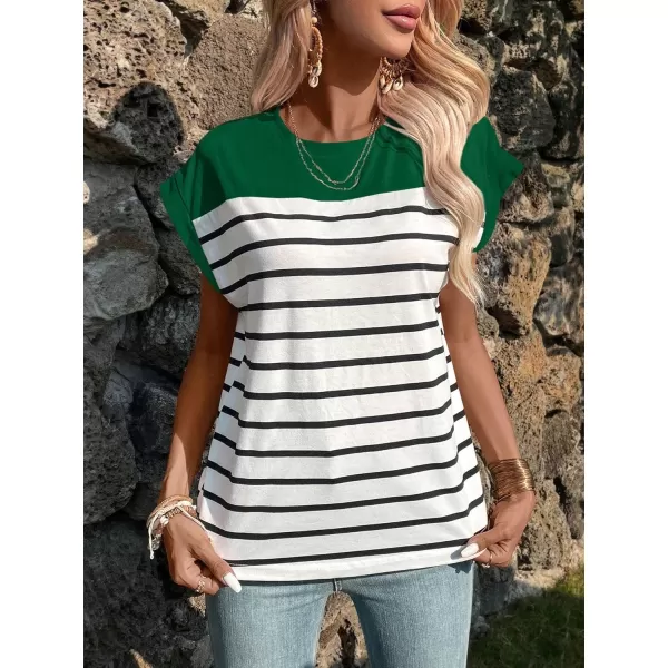 SweatyRocks Women's Casual Cap Sleeve Crewneck Tee Summer Stripe Print Pullover T Shirt