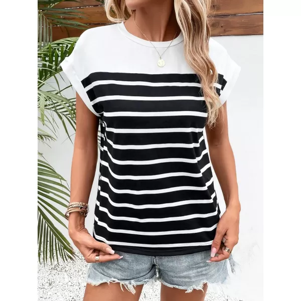 SweatyRocks Women's Casual Cap Sleeve Crewneck Tee Summer Stripe Print Pullover T Shirt