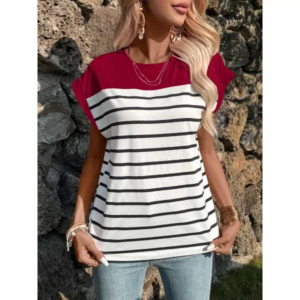 SweatyRocks Women's Casual Cap Sleeve Crewneck Tee Summer Stripe Print Pullover T Shirt