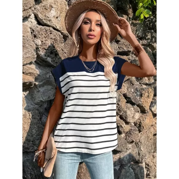 SweatyRocks Women's Casual Cap Sleeve Crewneck Tee Summer Stripe Print Pullover T Shirt