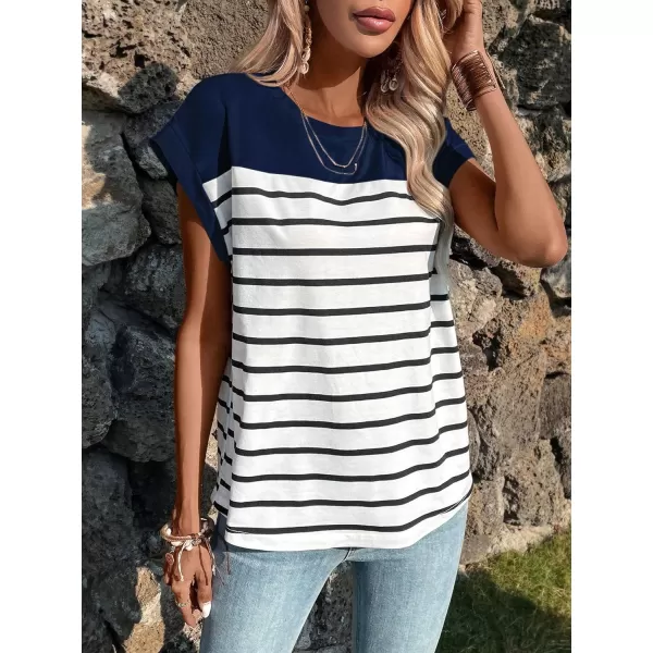 SweatyRocks Women's Casual Cap Sleeve Crewneck Tee Summer Stripe Print Pullover T Shirt