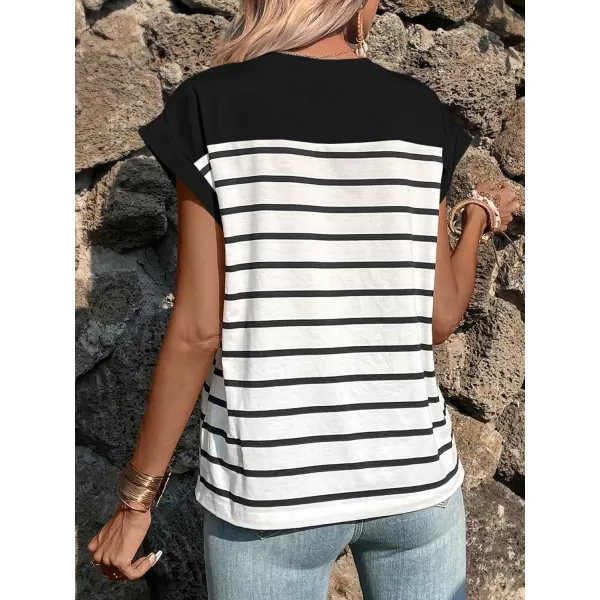 SweatyRocks Women's Casual Cap Sleeve Crewneck Tee Summer Stripe Print Pullover T Shirt