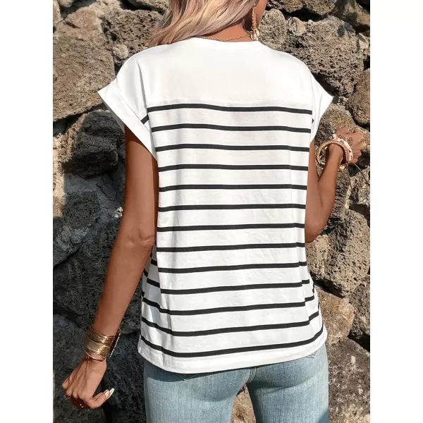 SweatyRocks Women's Casual Cap Sleeve Crewneck Tee Summer Stripe Print Pullover T Shirt
