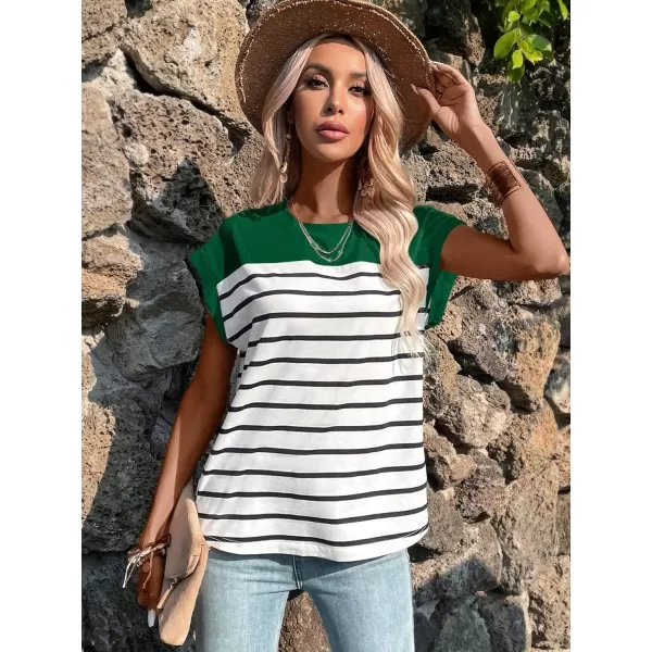 SweatyRocks Women's Casual Cap Sleeve Crewneck Tee Summer Stripe Print Pullover T Shirt