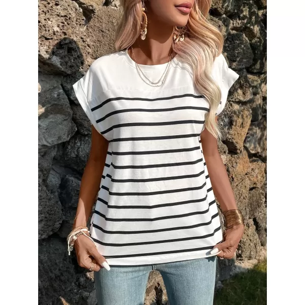 SweatyRocks Women's Casual Cap Sleeve Crewneck Tee Summer Stripe Print Pullover T Shirt