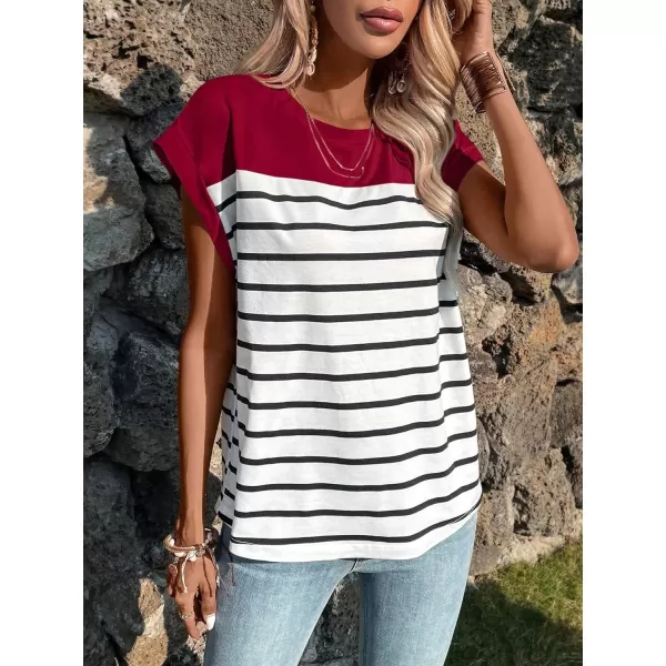 SweatyRocks Women's Casual Cap Sleeve Crewneck Tee Summer Stripe Print Pullover T Shirt