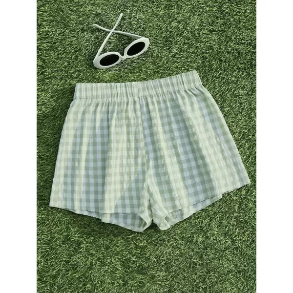SweatyRocks Women's Casual Elastic Waist Plaid Print Straight Leg Mini Shorts Loungewear