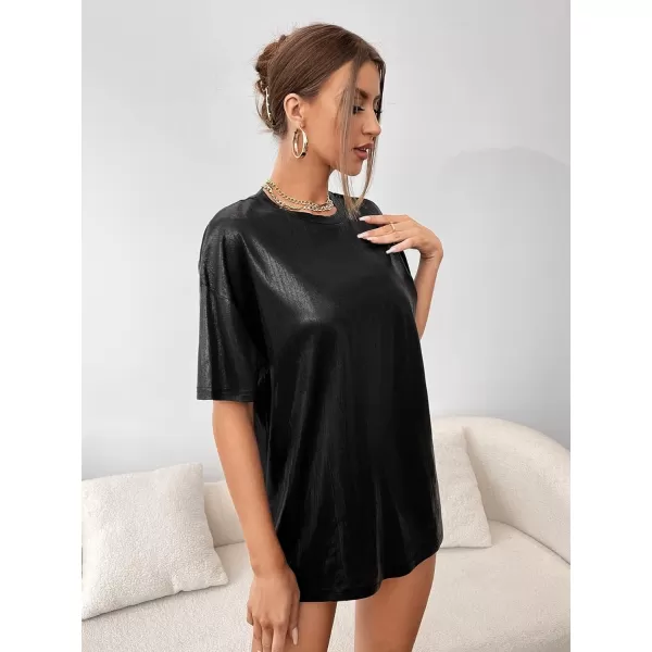 SweatyRocks Women's Casual Half Sleeve Crewneck Tee Metallic Drop Shoulder Oversized T Shirt
