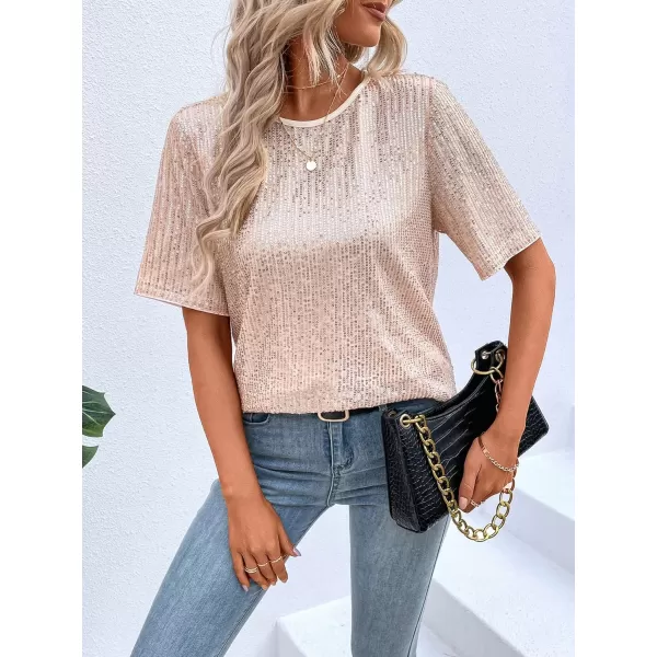 SweatyRocks Women's Casual Half Sleeve Crewneck Tee Metallic Drop Shoulder Oversized T Shirt